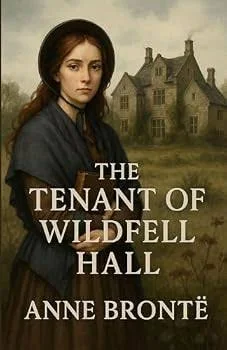 Book cover featuring young woman in dark clothing before a Gothic mansion, titled "The Tenant of Wildfell Hall" by Anne Brontë.