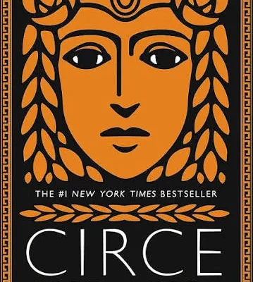 Book cover for Circe by Madeline Miller featuring a stylized face with braided hair in orange and black geometric design.