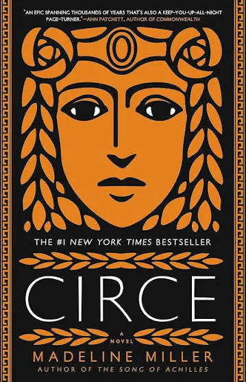 Book cover for Circe by Madeline Miller featuring a stylized face with braided hair in orange and black geometric design.