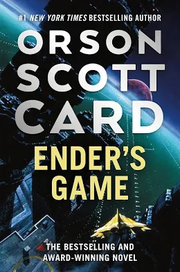 Orson Scott Card's "Ender's Game" book cover featuring blue digital design with white text and yellow title.