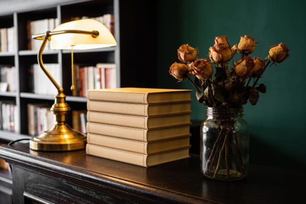 The shop counter in dark wood, a brass lamp, a stack of books and a jar of dried roses against a deep green wall.