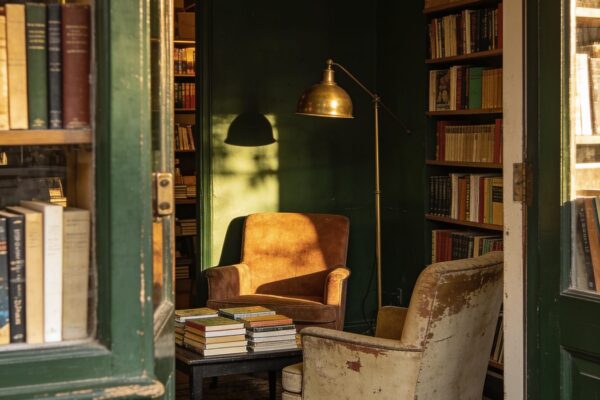 A quiet corner of the reading room seen from the doorway: two armchairs, a low table of paperbacks and a brass lamp.