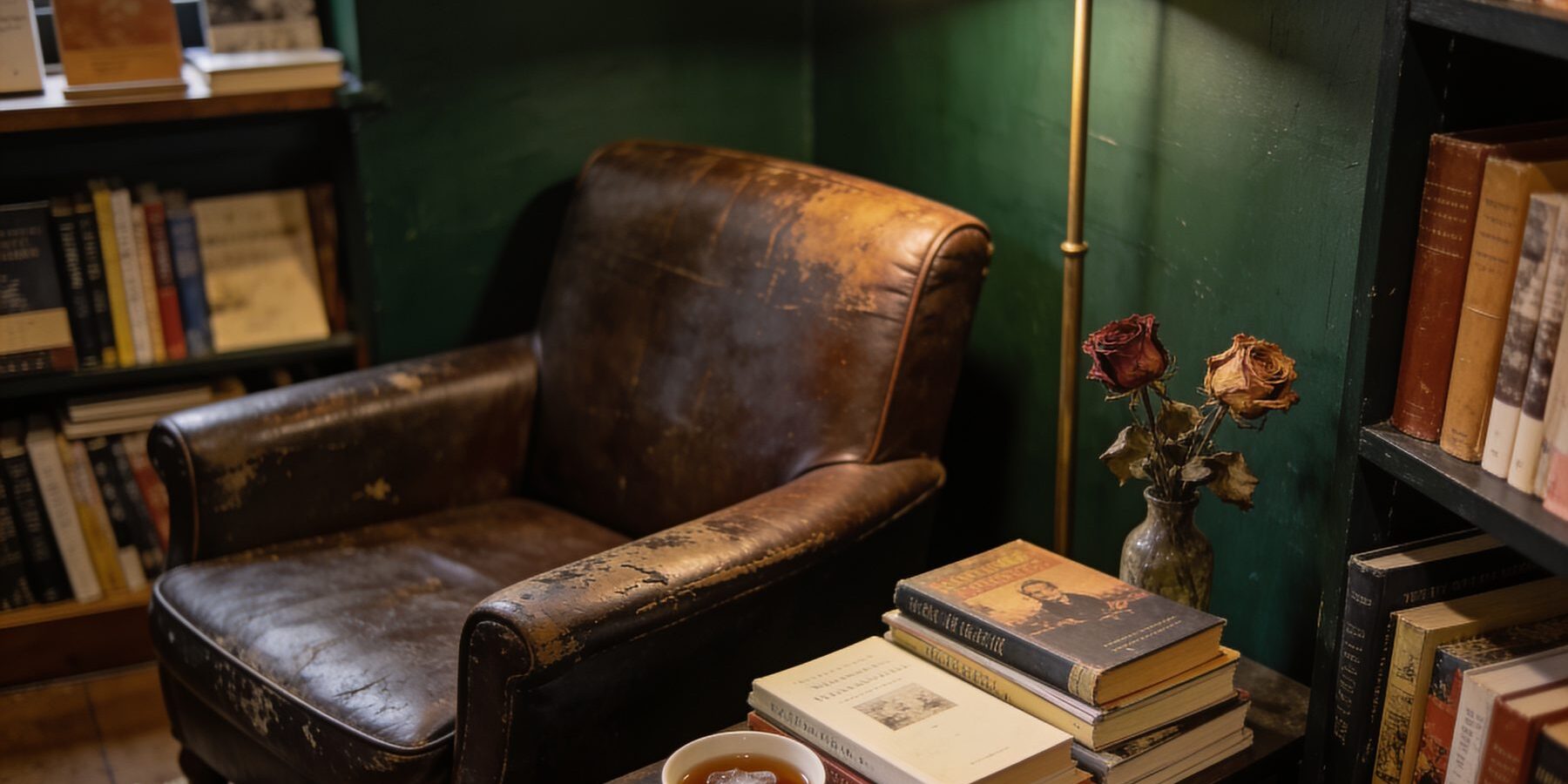 A worn leather armchair under a brass lamp, beside a stack of books, a cup of tea and dried roses.