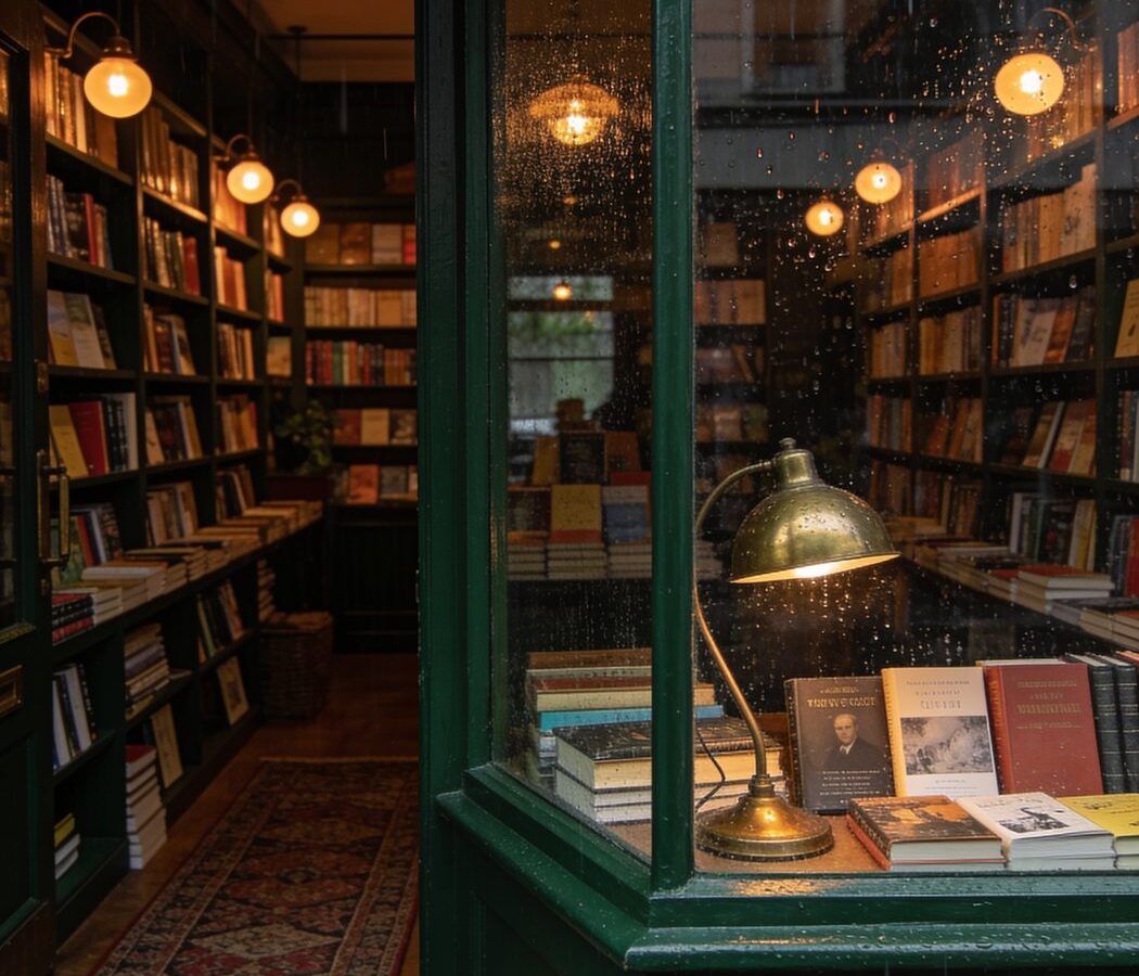 The Rebel & Rosewood shop front on a rainy afternoon, green paintwork and warm lamplight over the book table inside.