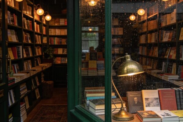 The Rebel & Rosewood shop front on a rainy afternoon, green paintwork and warm lamplight over the book table inside.